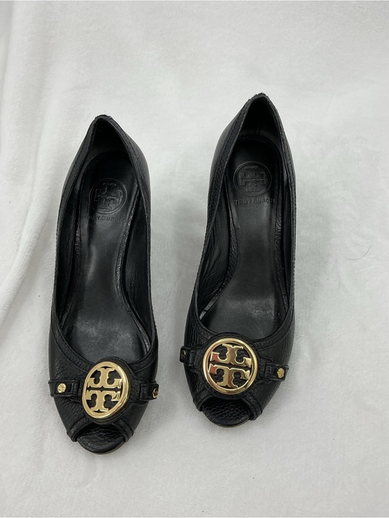 Tory Burch Shoes - Tory Burch Black Leather Peep-Toe Heels with Gold Logo Medallion B47